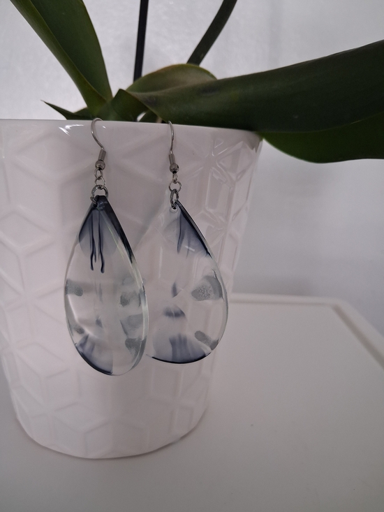 Handmade Jewelry - Clear Teardrop Resin Earrings with Black Marble Accent